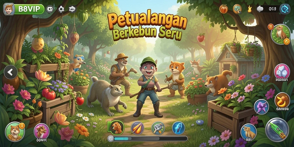 Screenshot gameplay B8VIP menampilkan kebun yang subur dan alat pertanian.