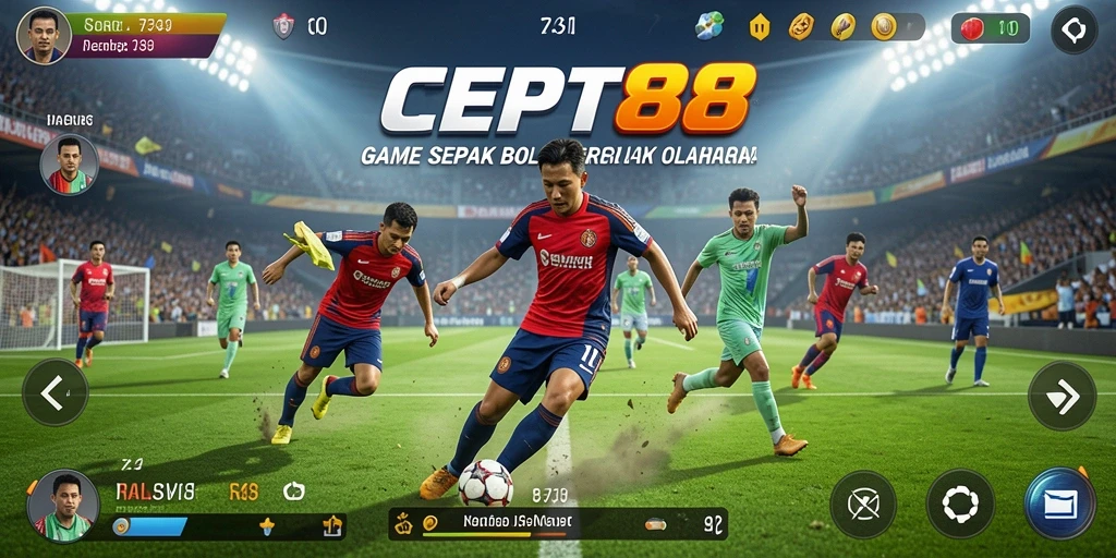 Screenshot gameplay CEPAT88 dengan aksi seru di lapangan sepak bola.
