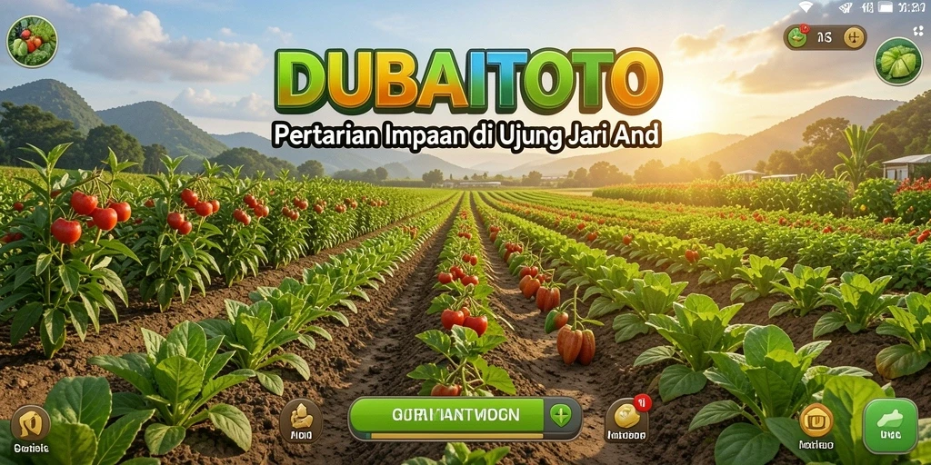 Tangkapan layar gameplay DUBAITOTO dengan kebun yang subur dan hewan ternak.