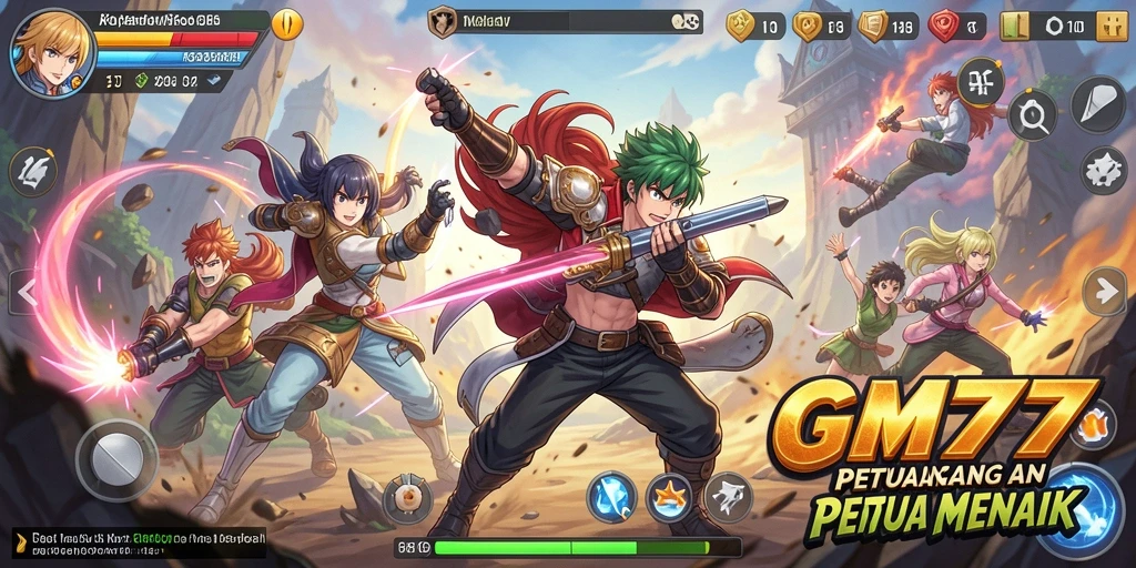 Screenshot utama GM777 menampilkan aksi karakter dalam dunia Anime.