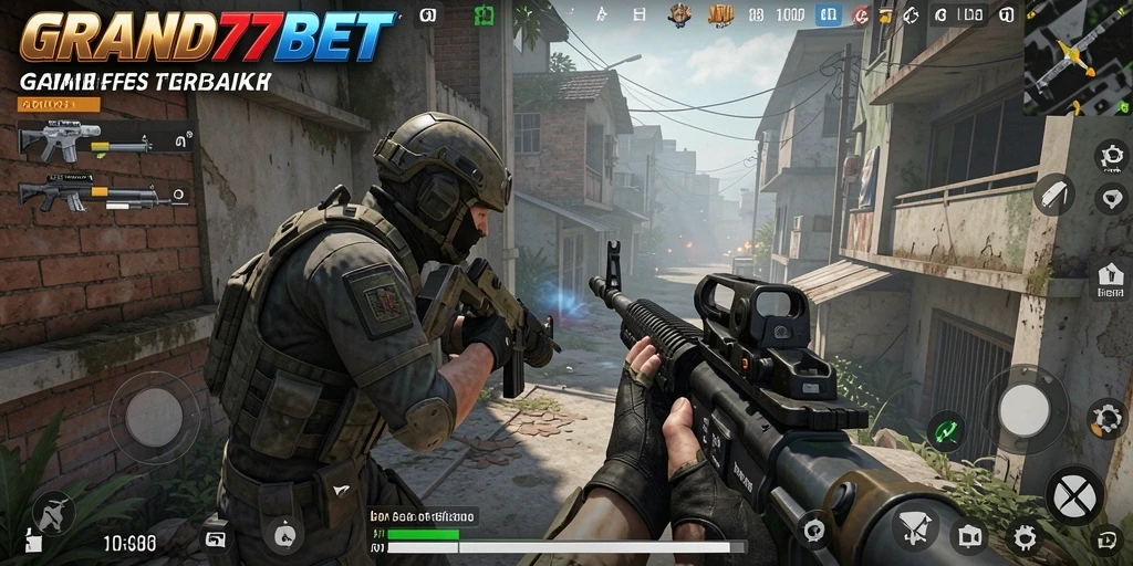 Screenshot gameplay GRAND77BET menunjukkan aksi tembak-menembak yang intens.
