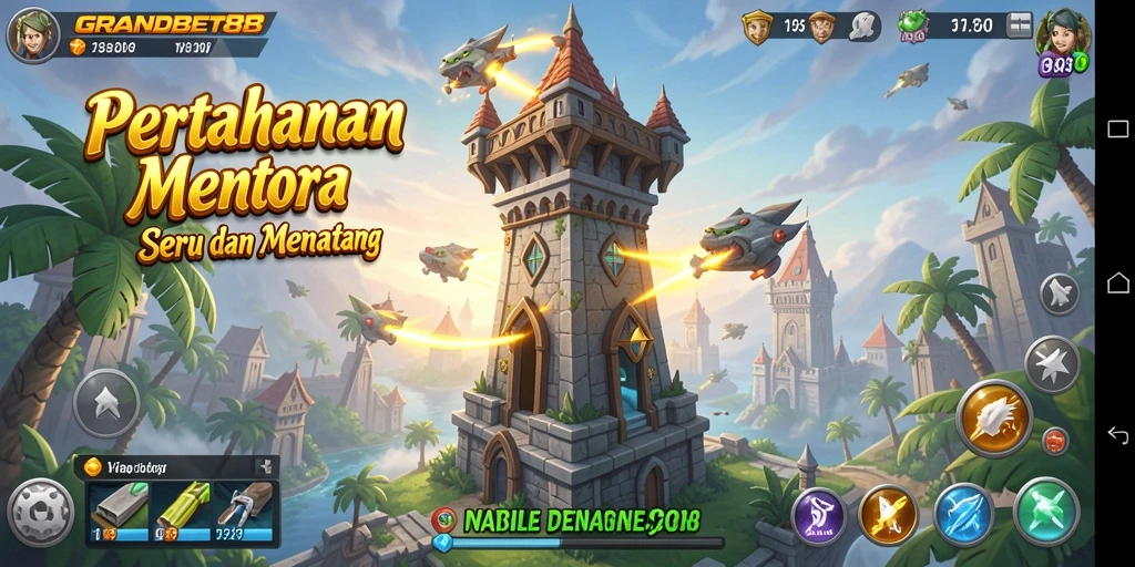 Screenshot gameplay menyerupai pertahanan menara yang intens.