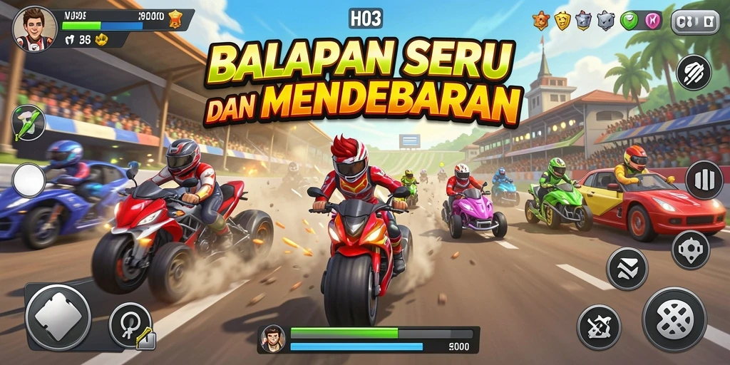 Screenshot H03 menampilkan aksi balapan yang mendebarkan dengan mobil cepat.