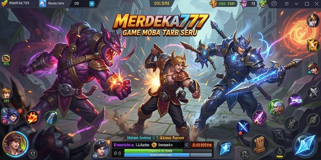 Screenshot gameplay MERDEKA777 menampilkan aksi seru di arena MOBA.