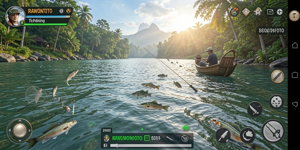 Tampilan gameplay <strong>RAWONTOTO</strong> yang menawan dan menyenangkan saat memancing.